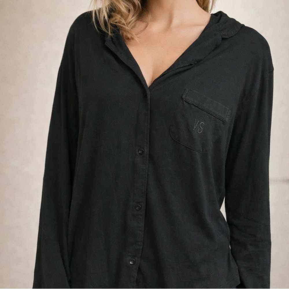 VS Black Button Up VS Logo Pocket Pajama Shirt